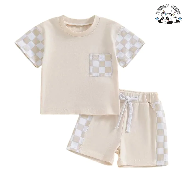High Quality Trendy Plaid Style T-Shirt Suit Energetic Summer Set for Kids Clothing Sets - Product Image