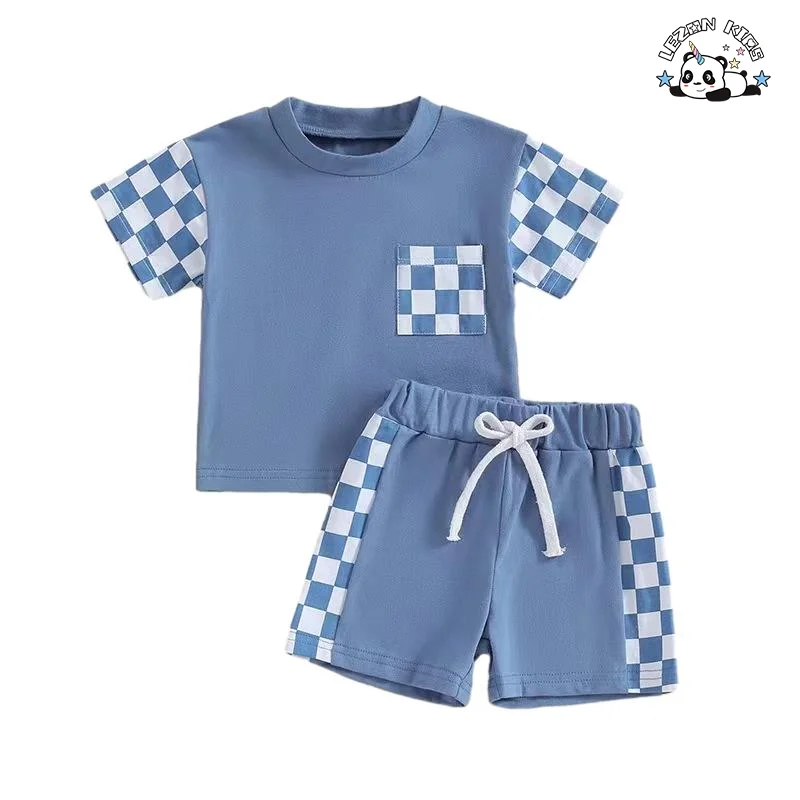 High Quality Trendy Plaid Style T-Shirt Suit Energetic Summer Set for Kids Clothing Sets - Product Image