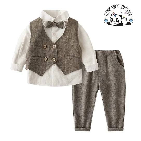 High Quality Wholesale Boys Vest Suit Three Piece Shirt Pant Set Baby Boy Cotton Clothing Set for Birthday