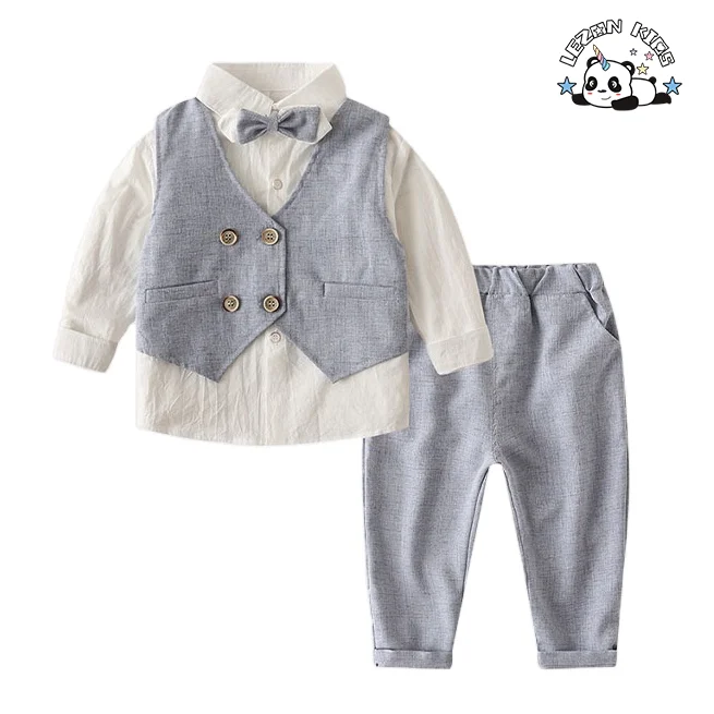 High Quality Wholesale Boys Vest Suit Three Piece Shirt Pant Set Baby Boy Cotton Clothing Set for Birthday - Product Image