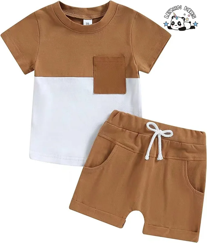 Hot Sale Black and White Block Print Boy Clothing Set Toddler Boys' Cotton T-Shirt and Shorts Age Group 0-3 Years Wholesale - Product Image
