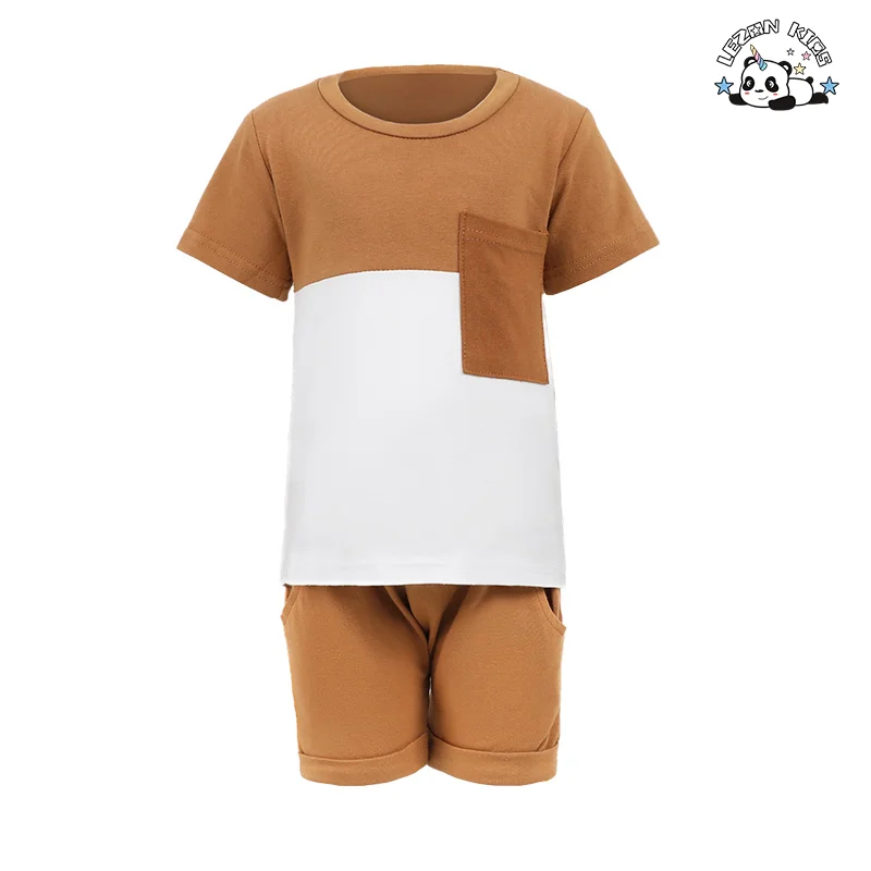 Hot Sale Summer Short Sleeve Contrast Color T Shirt Top Elastic Solid Shorts Outfits Cute Boys Set for Kids