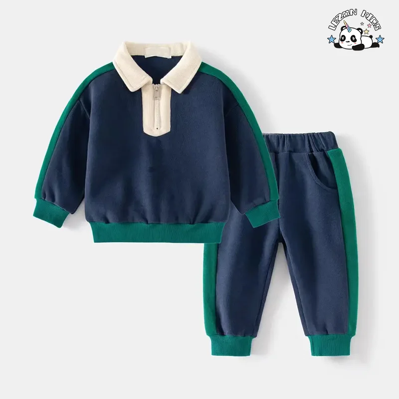 Conjunto de Roupas de Criança de Algodão com Gola Virada Feito Diretamente pela Fábrica, Conjunto de Moletom para Meninos Casuais