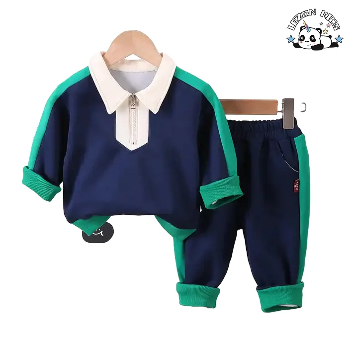 Conjunto de Roupas de Criança de Algodão com Gola Virada Feito Diretamente pela Fábrica, Conjunto de Moletom para Meninos Casuais - Product Image