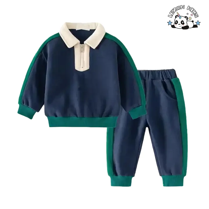 Conjunto de Roupas de Criança de Algodão com Gola Virada Feito Diretamente pela Fábrica, Conjunto de Moletom para Meninos Casuais - Product Image