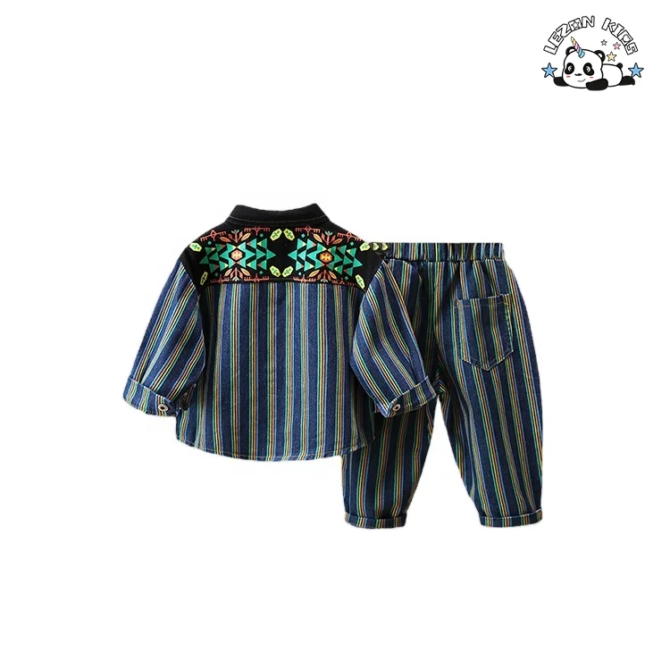 New Autumn Denim Two-piece Clothing Set Kids Fashionable Striped Pant Set for Baby Boys - Product Image