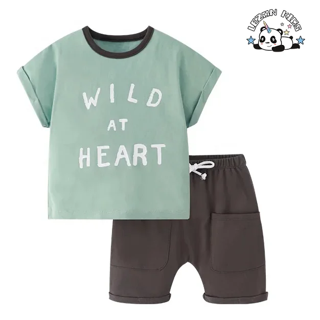 New Customize Boys Clothes Set  Printed Round Neck Short-sleeved Elastic Guard Trousers Two-piece Set  in Summer