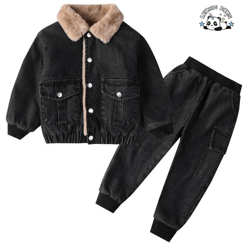 New Designed Kids Clothes Boys Denim Suits Winter Outfits Boys Hooded Jeans Sets