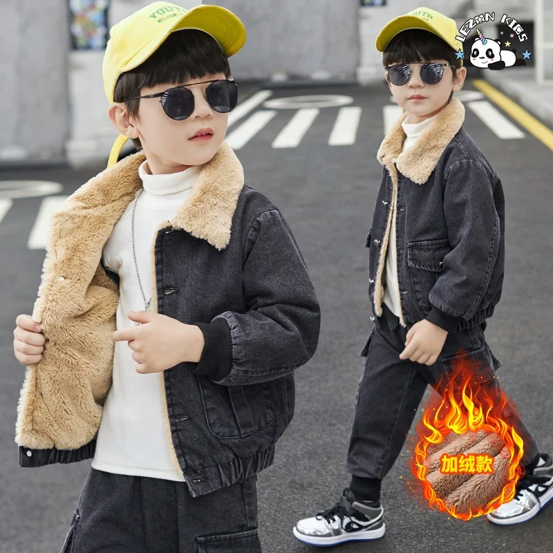 New Designed Kids Clothes Boys Denim Suits Winter Outfits Boys Hooded Jeans Sets - Product Image