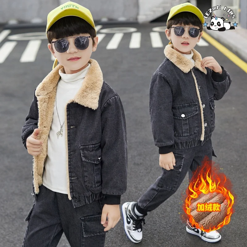 New Designed Kids Clothes Boys Denim Suits Winter Outfits Boys Hooded Jeans Sets - Product Image