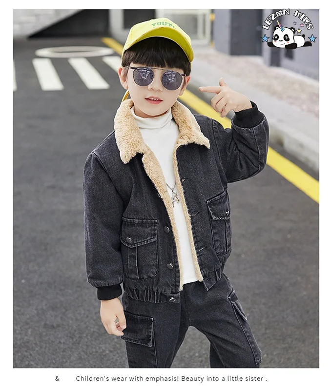 New Designed Kids Clothes Boys Denim Suits Winter Outfits Boys Hooded Jeans Sets - Product Image
