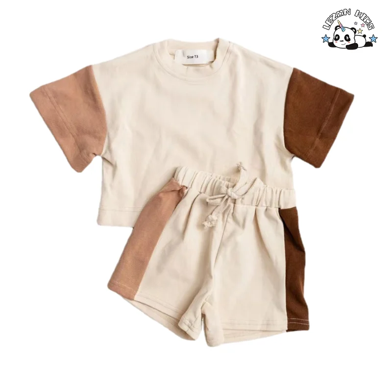 New Fashion Boy Suit Solid Color Block Boy Set Short Sleeve T Shirt Shorts 2 Piece Child Jogger Set - Product Image