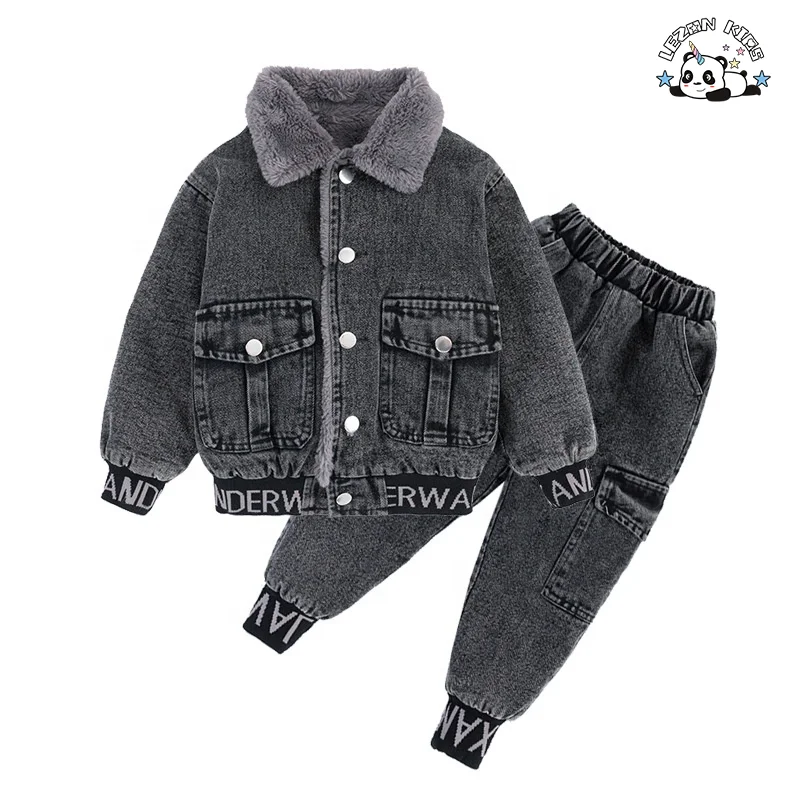 New Fashion Kids Clothes Boys Velvet Denim Suits Winter Outfits Boys Jeans Sets With Good Quality