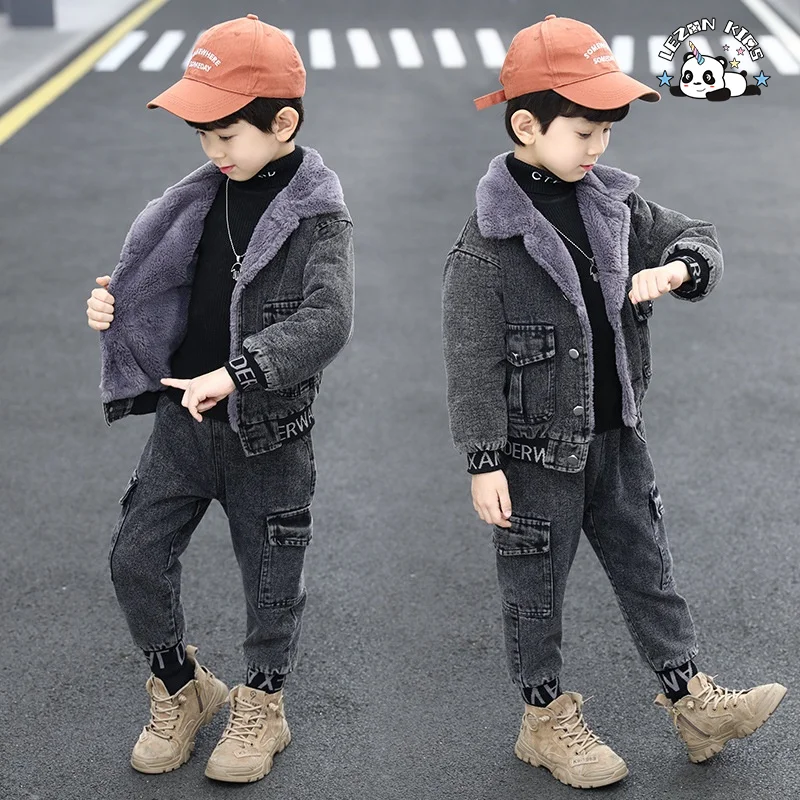 New Fashion Kids Clothes Boys Velvet Denim Suits Winter Outfits Boys Jeans Sets With Good Quality - Product Image