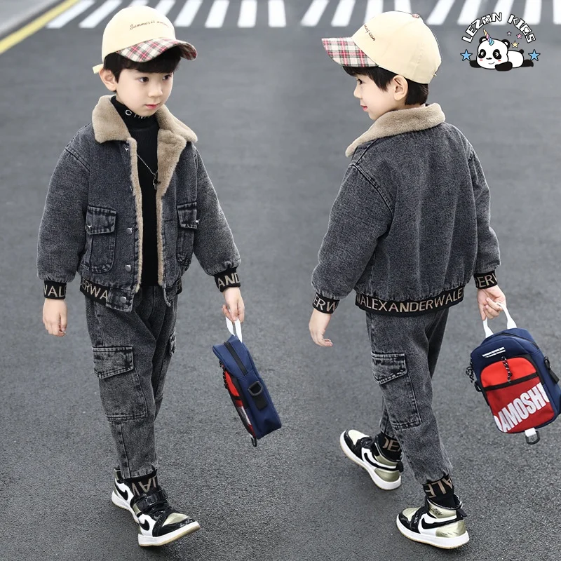 New Fashion Kids Clothes Boys Velvet Denim Suits Winter Outfits Boys Jeans Sets With Good Quality - Product Image