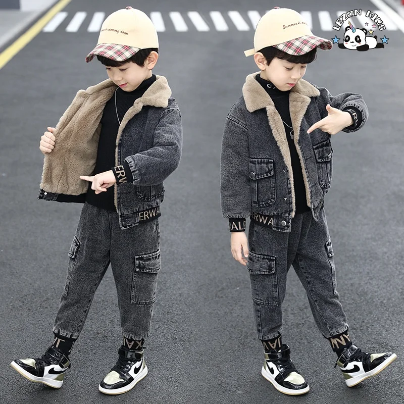 New Fashion Kids Clothes Boys Velvet Denim Suits Winter Outfits Boys Jeans Sets With Good Quality - Product Image