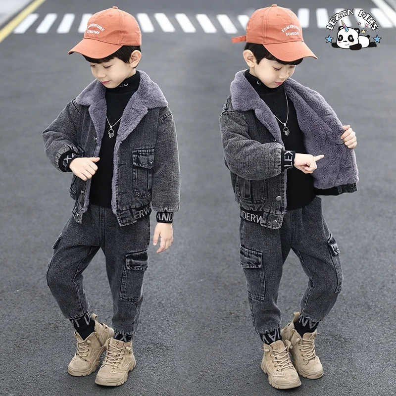New Fashion Kids Clothes Boys Velvet Denim Suits Winter Outfits Boys Jeans Sets With Good Quality - Product Image