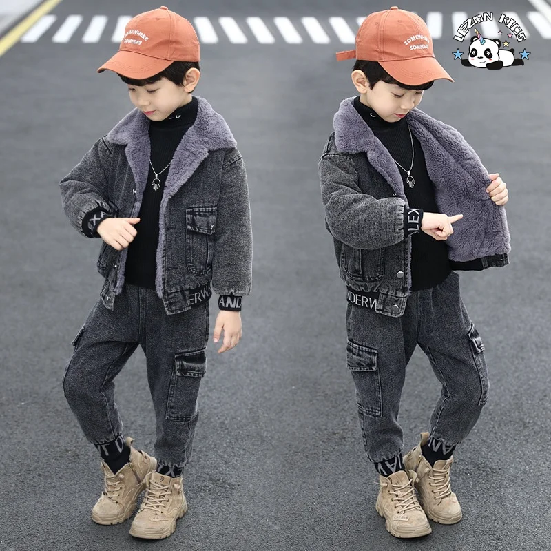 New Fashion Kids Clothes Boys Velvet Denim Suits Winter Outfits Boys Jeans Sets With Good Quality - Product Image