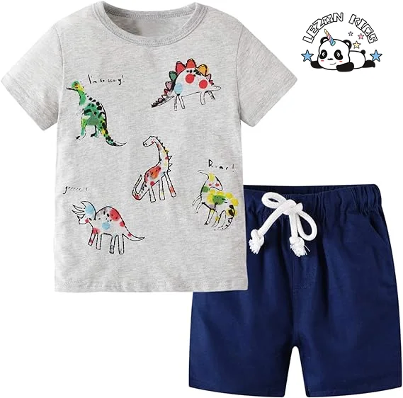 New Style Boy's Dinosaurs Printing Short Sleeves T'shirt & Pants Kids Clothing Set