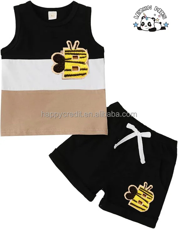 Novo conjunto de roupas personalizadas para meninos, tops sem mangas com bloco de cores + shorts casuais de verão para meninos de 6 anos