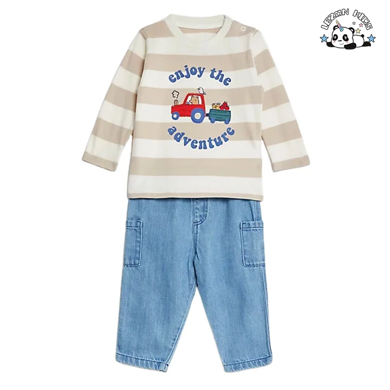 ODM Customized Autumn Kids Sets Organic Cotton Denim Pant Casual Kids Clothing Sets for Boys