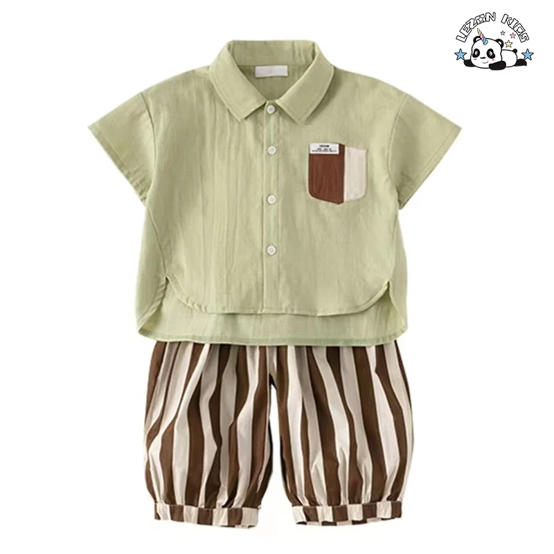 OEM Customizable Little Gentle Short Sleeve and Pant Button Outfits Boys Clothing Sets 2-14 Years Old