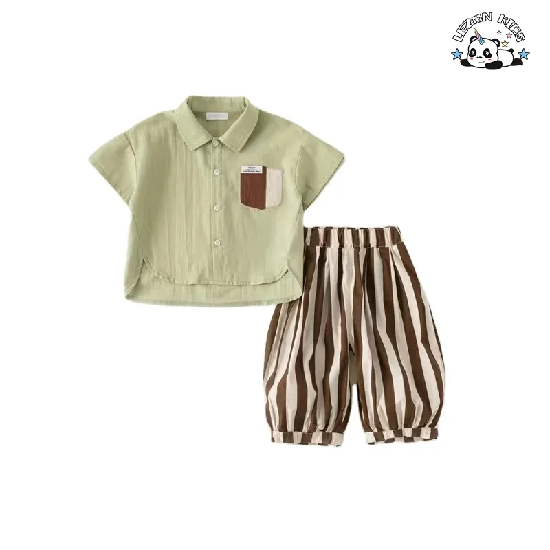OEM Customizable Little Gentle Short Sleeve and Pant Button Outfits Boys Clothing Sets 2-14 Years Old - Product Image