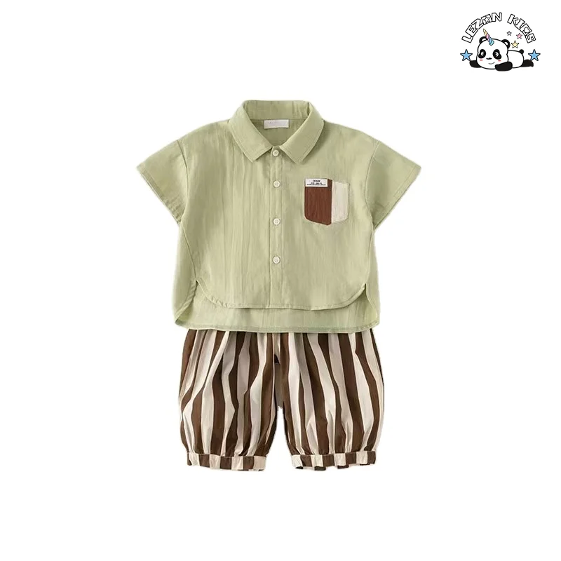 OEM Customizable Little Gentle Short Sleeve and Pant Button Outfits Boys Clothing Sets 2-14 Years Old - Product Image