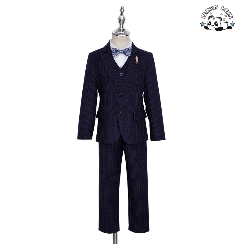 Terno Listrado Personalizável de Atacado de Três Peças com Blazer e Colete para Meninos - Roupas Formais