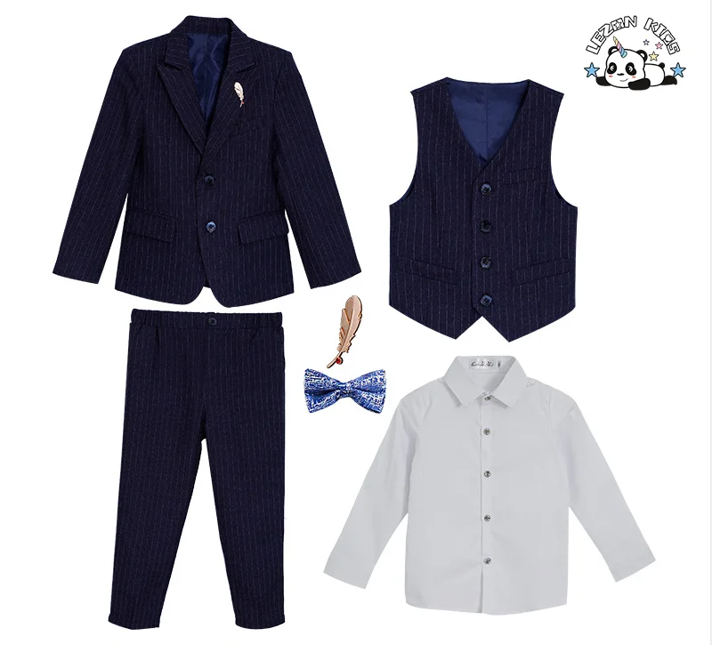 Terno Listrado Personalizável de Atacado de Três Peças com Blazer e Colete para Meninos - Roupas Formais - Product Image