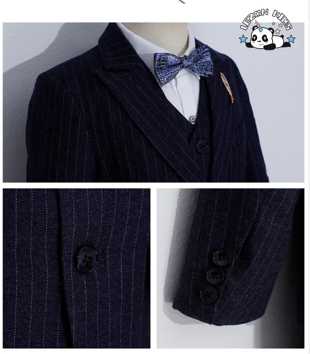 Terno Listrado Personalizável de Atacado de Três Peças com Blazer e Colete para Meninos - Roupas Formais - Product Image