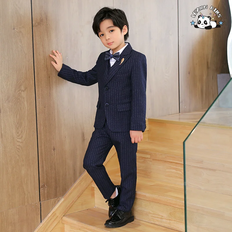 Terno Listrado Personalizável de Atacado de Três Peças com Blazer e Colete para Meninos - Roupas Formais - Product Image
