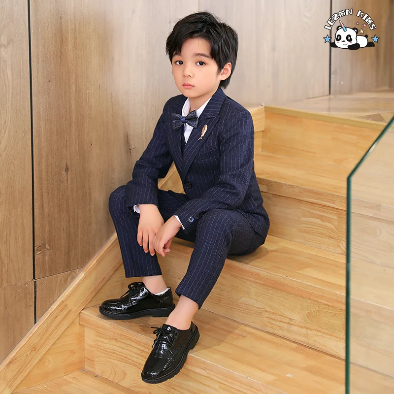 Terno Listrado Personalizável de Atacado de Três Peças com Blazer e Colete para Meninos - Roupas Formais - Product Image