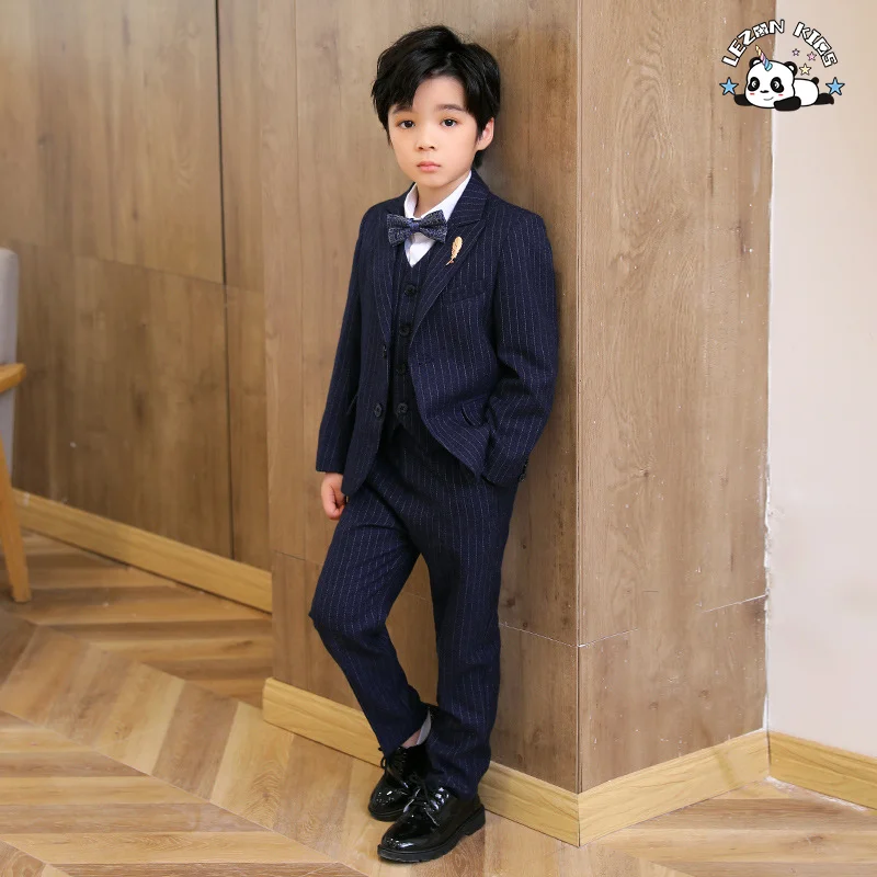 Terno Listrado Personalizável de Atacado de Três Peças com Blazer e Colete para Meninos - Roupas Formais - Product Image