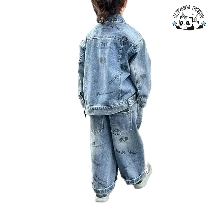 OEM Manufacture Autumn Long Sleeve Jacket and Pants Denim Sets Latter Printing  Boys Clothing Sets