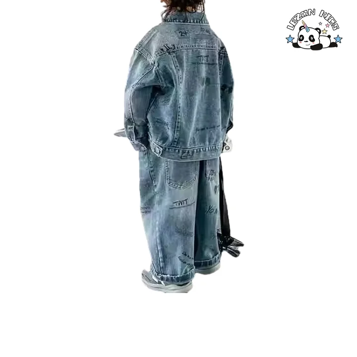 OEM Manufacture Autumn Long Sleeve Jacket and Pants Denim Sets Latter Printing Boys Clothing Sets - Product Image
