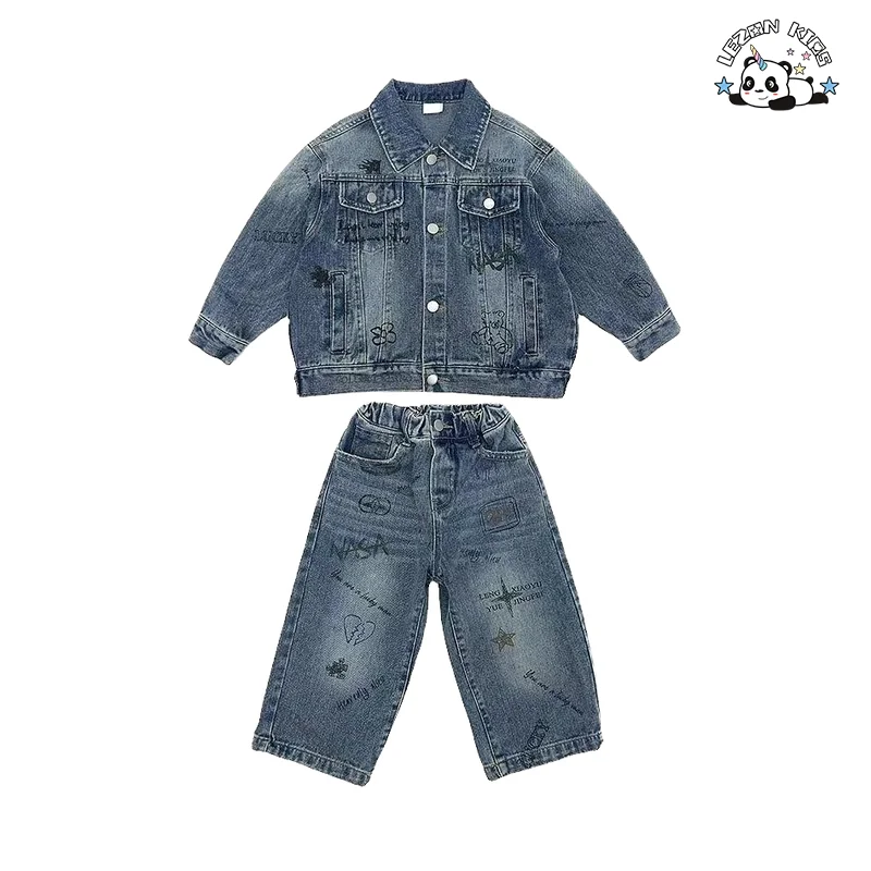 OEM Manufacture Autumn Long Sleeve Jacket and Pants Denim Sets Latter Printing Boys Clothing Sets - Product Image