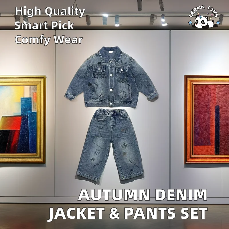 OEM Manufacture Autumn Long Sleeve Jacket and Pants Denim Sets Latter Printing Boys Clothing Sets - Product Image