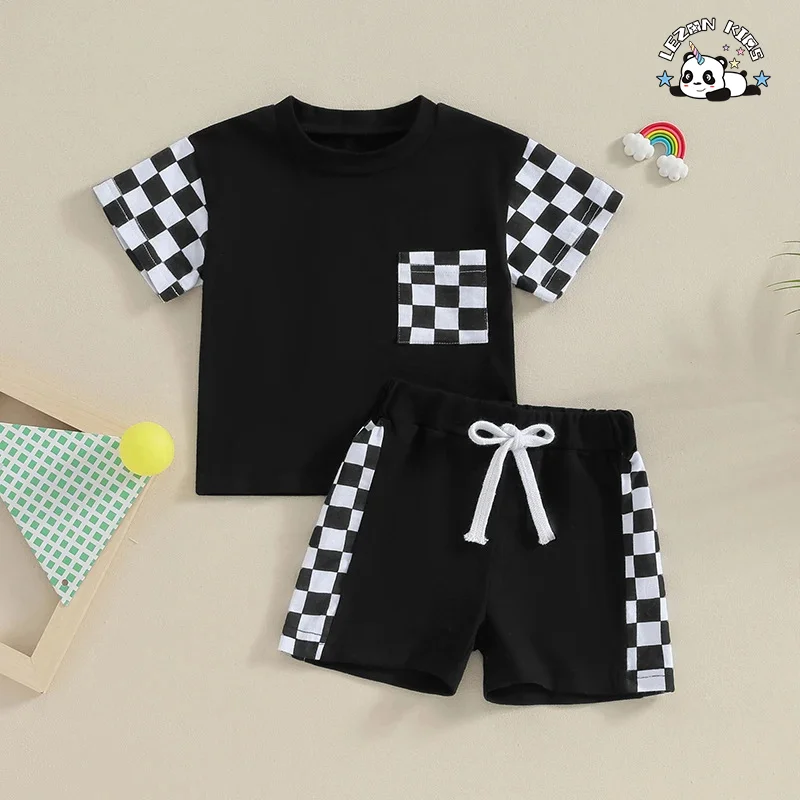 Stylish Cotton Customized Color Block Kids T Shirt and Shorts Two Pieces Summer Boys Clothing Set