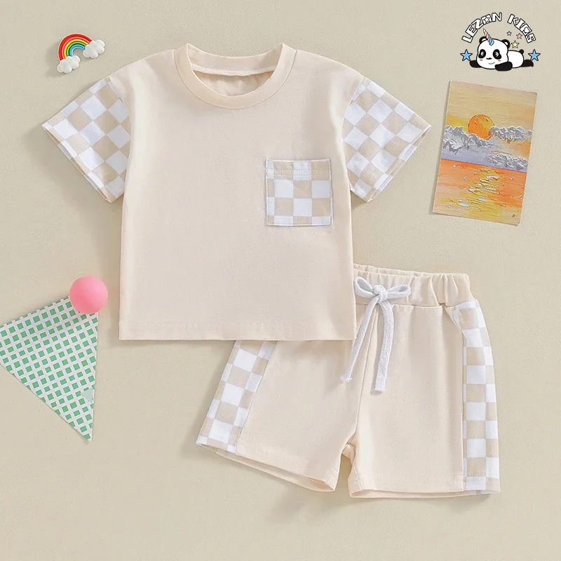 Stylish Cotton Customized Color Block Kids T Shirt and Shorts Two Pieces Summer Boys Clothing Set - Product Image