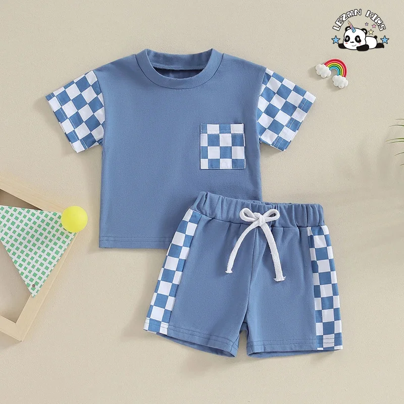 Stylish Cotton Customized Color Block Kids T Shirt and Shorts Two Pieces Summer Boys Clothing Set - Product Image