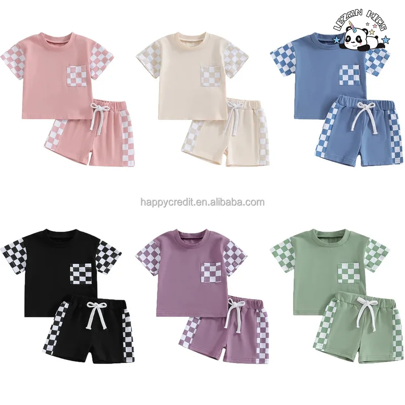 Stylish Cotton Customized Color Block Kids T Shirt and Shorts Two Pieces Summer Boys Clothing Set - Product Image