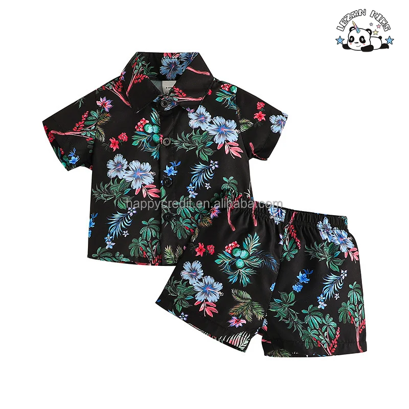 Conjunto de Roupas para Meninos com Camisa Polo Floral e Shorts 2 Peças para Férias de Verão