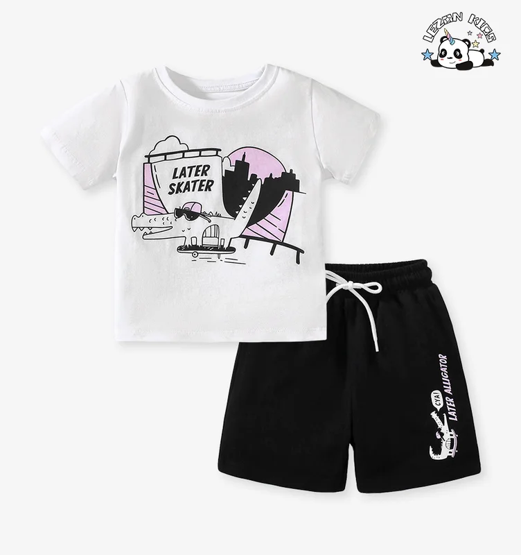 Conjunto de Calças e Camisa de Manga Curta com Estampa Fashion para Crianças de Algodão Puro