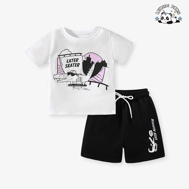 Conjunto de Calças e Camisa de Manga Curta com Estampa Fashion para Crianças de Algodão Puro - Product Image