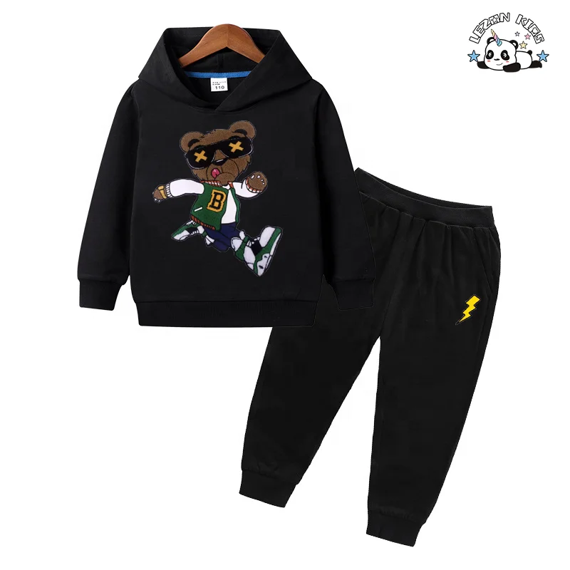 Wholesale 100% Cotton Kids Hooded Jogging Sweatpants Set Short Sleeve Boy Clothes With Pattern Sweatshirt - Product Image