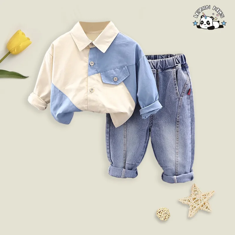 Wholesale Baby Boy Clothing Set Casual Cotton Denim Fabric Solid Pattern for Children Aged 2-14 Years - Product Image