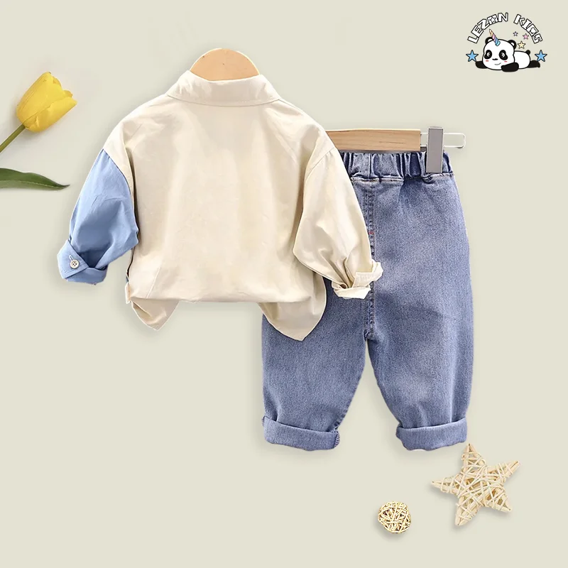 Wholesale Baby Boy Clothing Set Casual Cotton Denim Fabric Solid Pattern for Children Aged 2-14 Years - Product Image