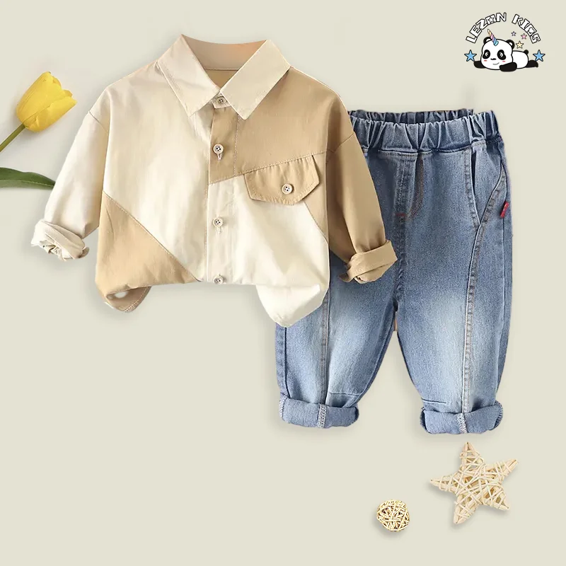Wholesale Baby Boy Clothing Set Casual Cotton Denim Fabric Solid Pattern for Children Aged 2-14 Years - Product Image