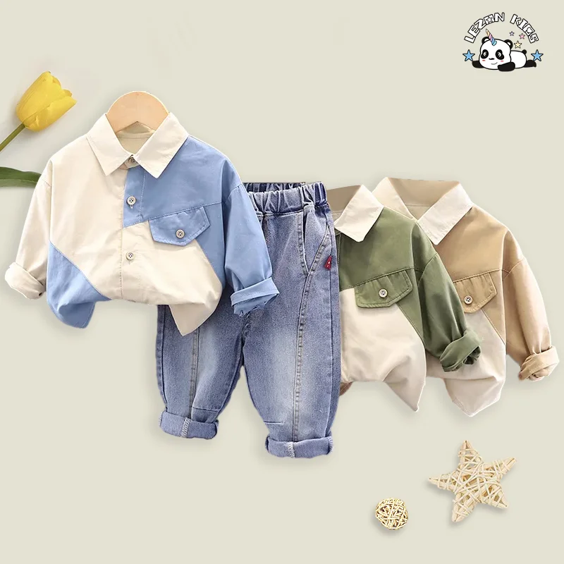 Wholesale Baby Boy Clothing Set Casual Cotton Denim Fabric Solid Pattern for Children Aged 2-14 Years - Product Image